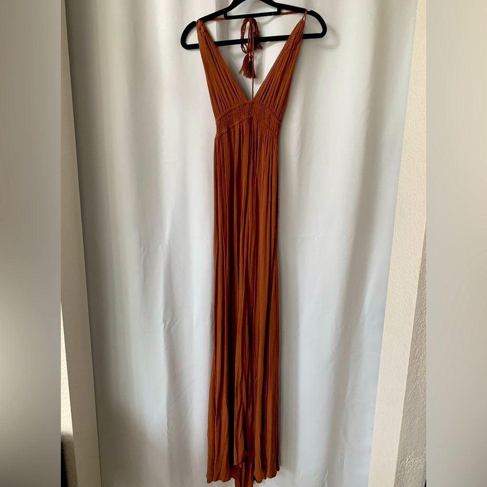Brown Halter Open Back Maxi Dress